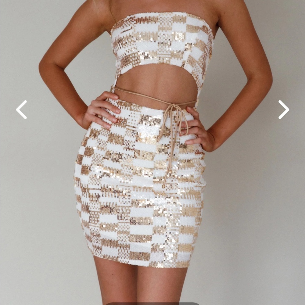 Saints + Secrets Gold White Sequin Checkerboard Cutout Mini Dress Tie Back 6